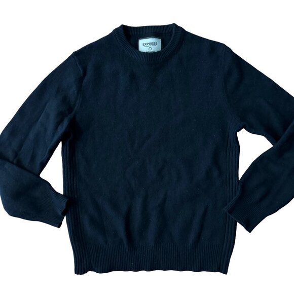 Express Womens Sweater L Black Wool Cashmere Blend Crew Neck Ribbed Sides - Picture 1 of 6